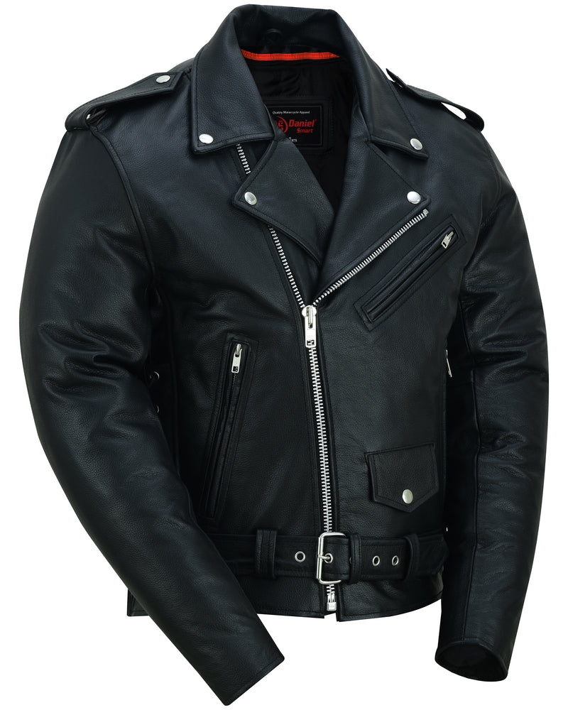 The Daniel Smart Men's Eagle Embossed Live To Ride - Ride To Live Classic Black leather motorcycle jacket features multiple zippers, buttons, adjustable side laces, and a belt at the waist.