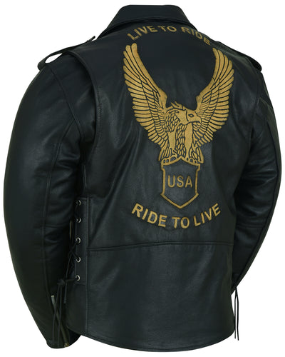 The Daniel Smart Men's Eagle Embossed Live To Ride - Ride To Live Classic Black leather jacket features a large golden eagle and shield graphic on the back, surrounded by the words "LIVE TO RIDE" above and "RIDE TO LIVE" below, along with adjustable side laces for a custom fit.