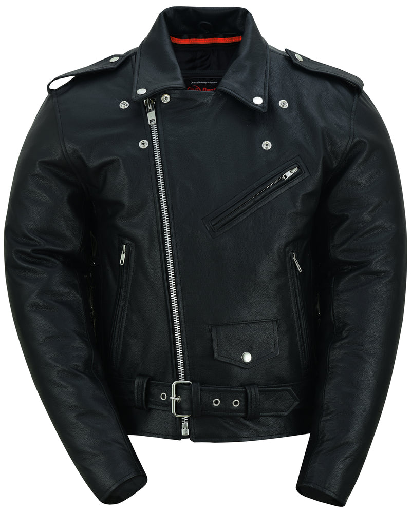 The Daniel Smart Men's Eagle Embossed Live To Ride - Ride To Live Classic Black motorcycle jacket is made of black leather and features multiple zippers, snap buttons, and a belted waist. It includes shoulder epaulettes, two zippered pockets on the front, adjustable side laces, and also a concealed gun pocket for added security.