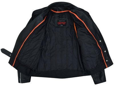 The Daniel Smart Men's Eagle Embossed Live To Ride - Ride To Live Classic Black leather jacket opened to reveal an inner lining with orange trim and a brand label, featuring adjustable side laces for a perfect fit.