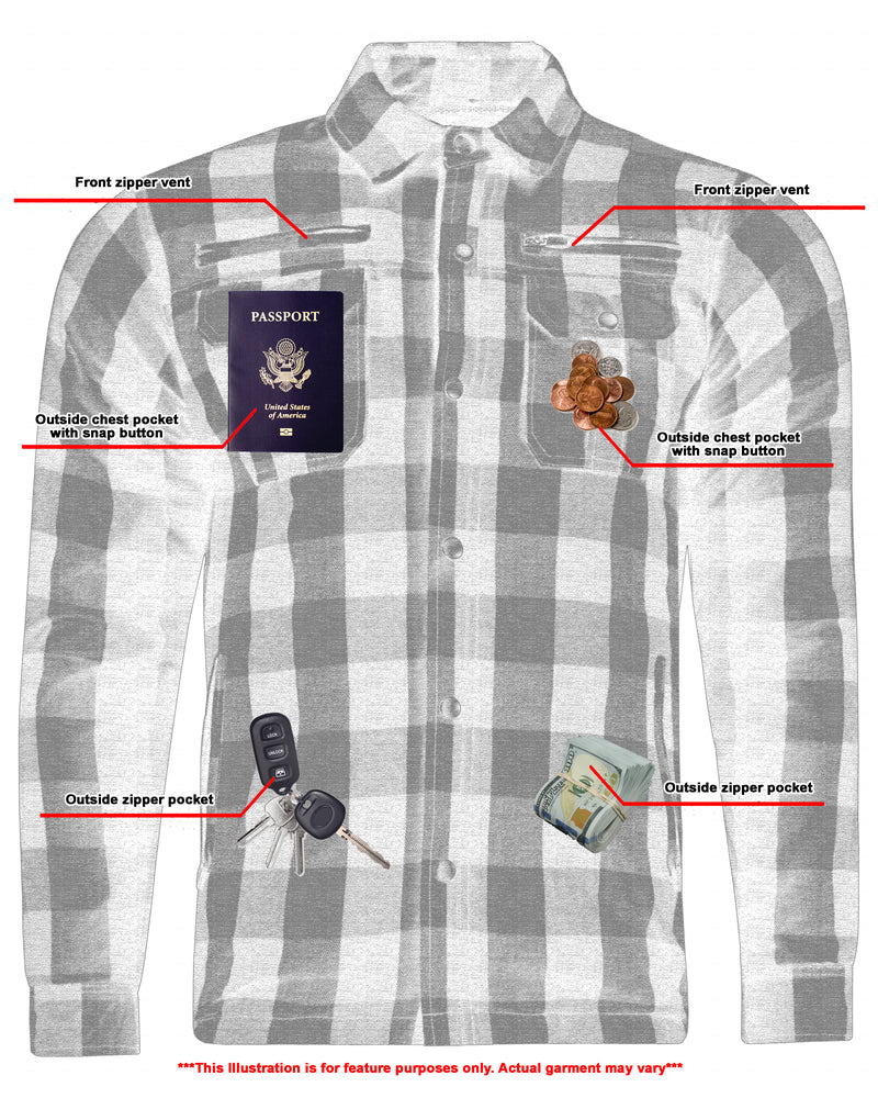 A Daniel Smart Armored Flannel Shirt - Gray with passport and armor pads on it.
