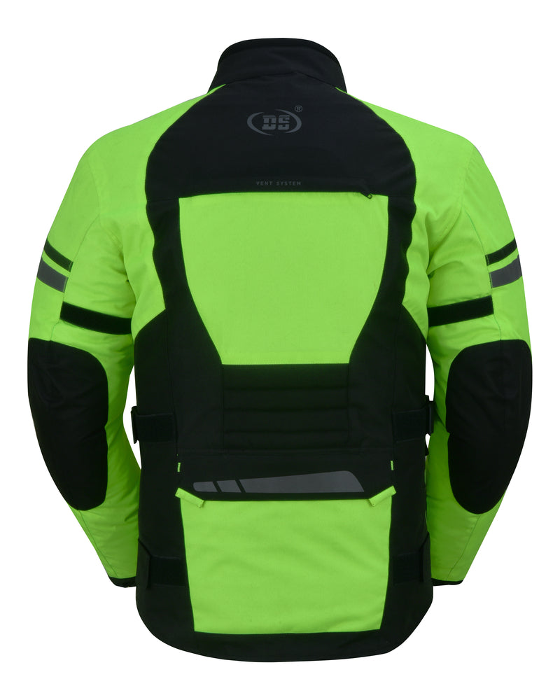 Rear view of a Daniel Smart Advance Touring Textile Motorcycle Jacket for Men - Hi-Vis with reflective stripes on the back and arms.