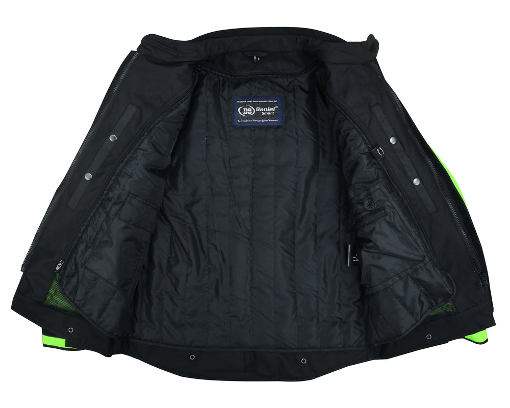 A black Daniel Smart Advance Touring Textile Motorcycle Jacket for Men - Hi-Vis is shown open, revealing a quilted interior lining. The inner label is visible, and the jacket appears to have reflective green accents along the seams.