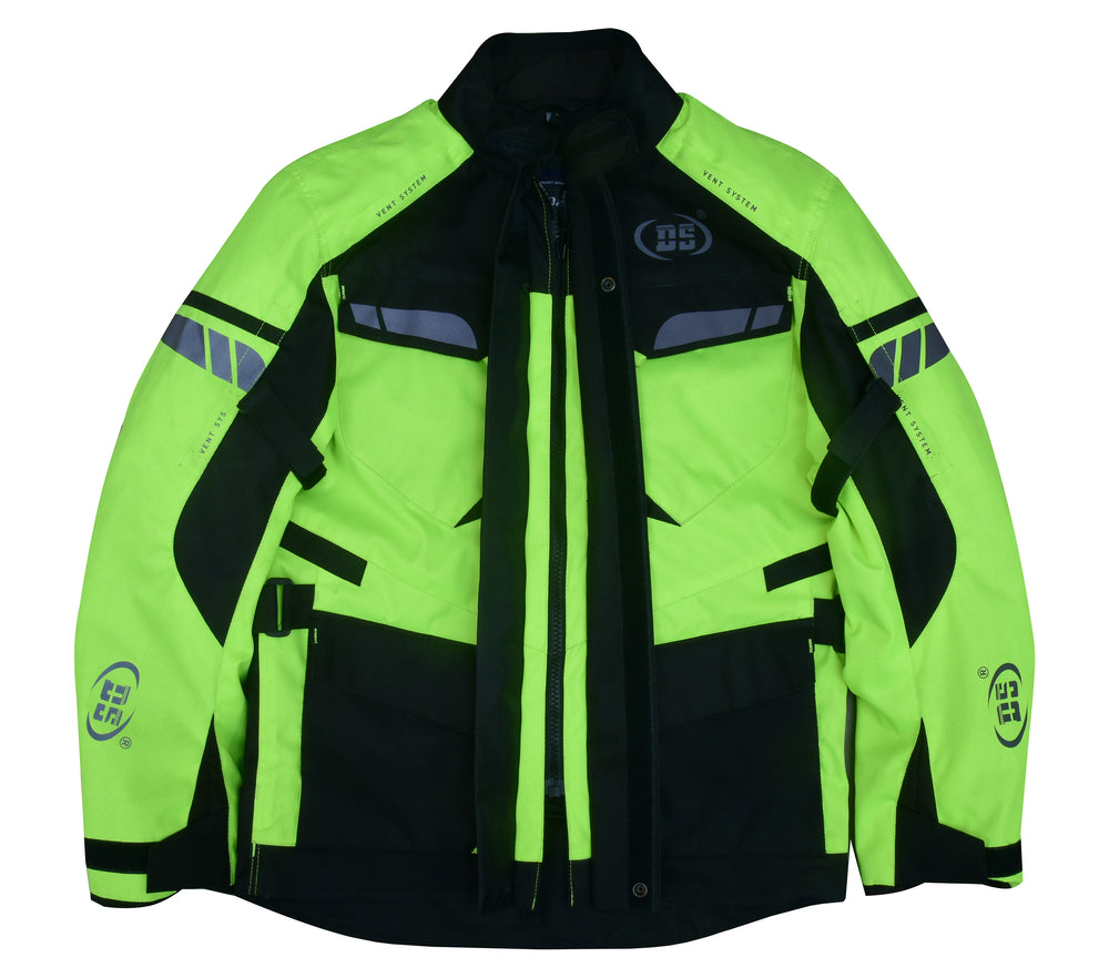 A high-visibility Daniel Smart Advance Touring Textile Motorcycle Jacket for Men - Hi-Vis with reflective strips and multiple pockets. The heavy-duty jacket has adjustable straps, waterproof textile material, and branding on the sleeves and chest.