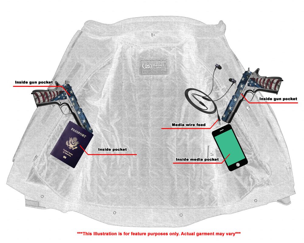 Illustration of a Daniel Smart Advance Touring Textile Motorcycle Jacket for Men - Hi-Vis interior showcasing pockets for guns, a passport, and media devices with labels. Text notes the illustration is for feature purposes and may not represent the actual garment.