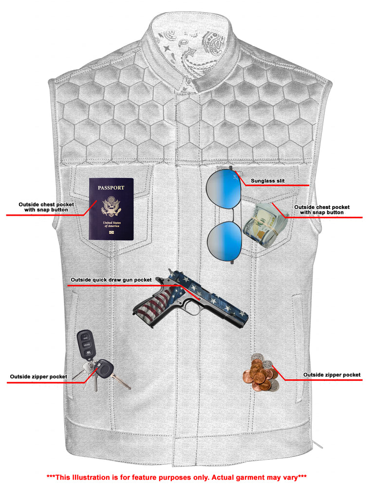 A vest made from Daniel Smart Gold Rush is shown with various pockets holding items including a passport, sunglasses, a pistol, car keys, coins, and Altoids. Text labels indicate the types of pockets: snap button, concealed gun pockets with reinforced shoulder support, and zipper pockets.