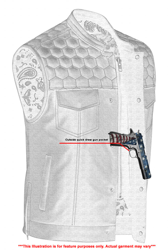 Illustration of a Daniel Smart Gold Rush with a quilted upper section and paisley patterned lining, featuring an outside quick draw gun pocket and reinforced shoulder support. Text indicates the image is for feature purposes and the actual garment may vary.