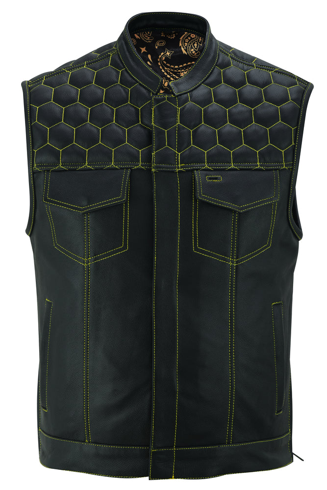 The Daniel Smart Gold Rush is a sleeveless black leather vest crafted from Premium Drum Dyed Milled Cowhide, featuring a honeycomb pattern on the shoulders and yellow stitching. The vest includes reinforced shoulder support, two chest pockets, and a patterned lining.