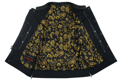 The interior of a Daniel Smart Gold Rush is shown, revealing a vibrant gold paisley pattern lining and a visible manufacturer tag. This premium piece also features reinforced shoulder support for added durability.