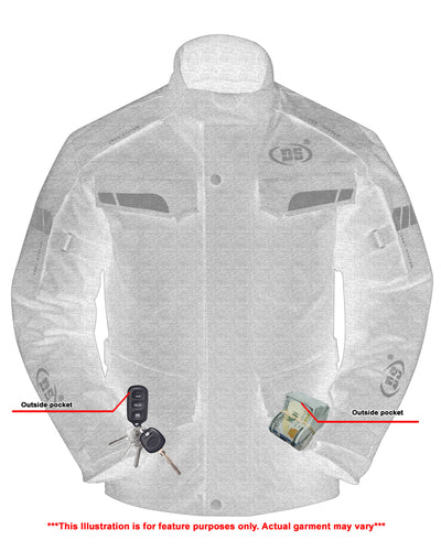 Illustration of a Daniel Smart Advance Touring Textile Motorcycle Jacket for Men - Black with design features labeled, including outside pockets with keys and cash. Text notes that the actual garment may vary.