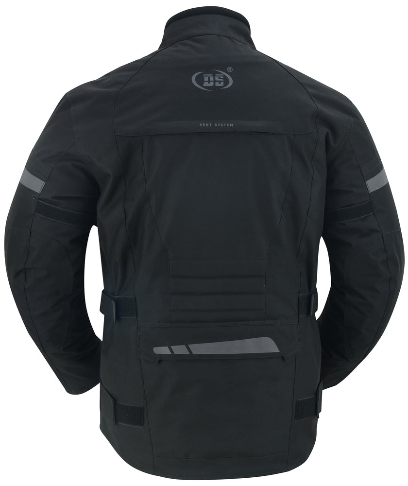 Rear view of a Daniel Smart Advance Touring Textile Motorcycle Jacket for Men - Black featuring multiple pockets, reflective stripes, and a logo on the upper back.