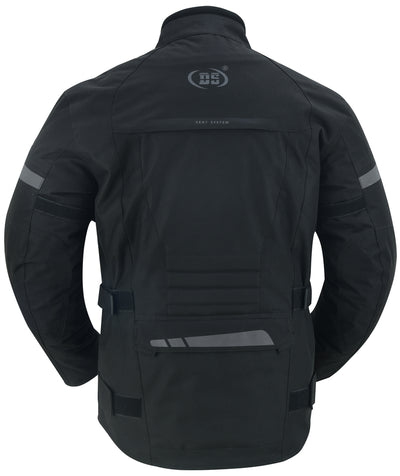 Rear view of a Daniel Smart Advance Touring Textile Motorcycle Jacket for Men - Black featuring multiple pockets, reflective stripes, and a logo on the upper back.