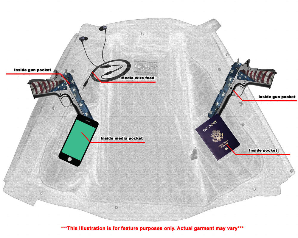 An illustration of an open Daniel Smart Advance Touring Textile Motorcycle Jacket for Men - Black displaying its various internal pockets containing a cellphone, a passport, and labeled features like media wire feed and gun pockets.