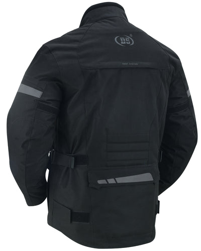 Rear view of a Daniel Smart Advance Touring Textile Motorcycle Jacket for Men - Black featuring shoulder patches, adjustable waist straps, waterproof material, and reflective bands on the sleeves.