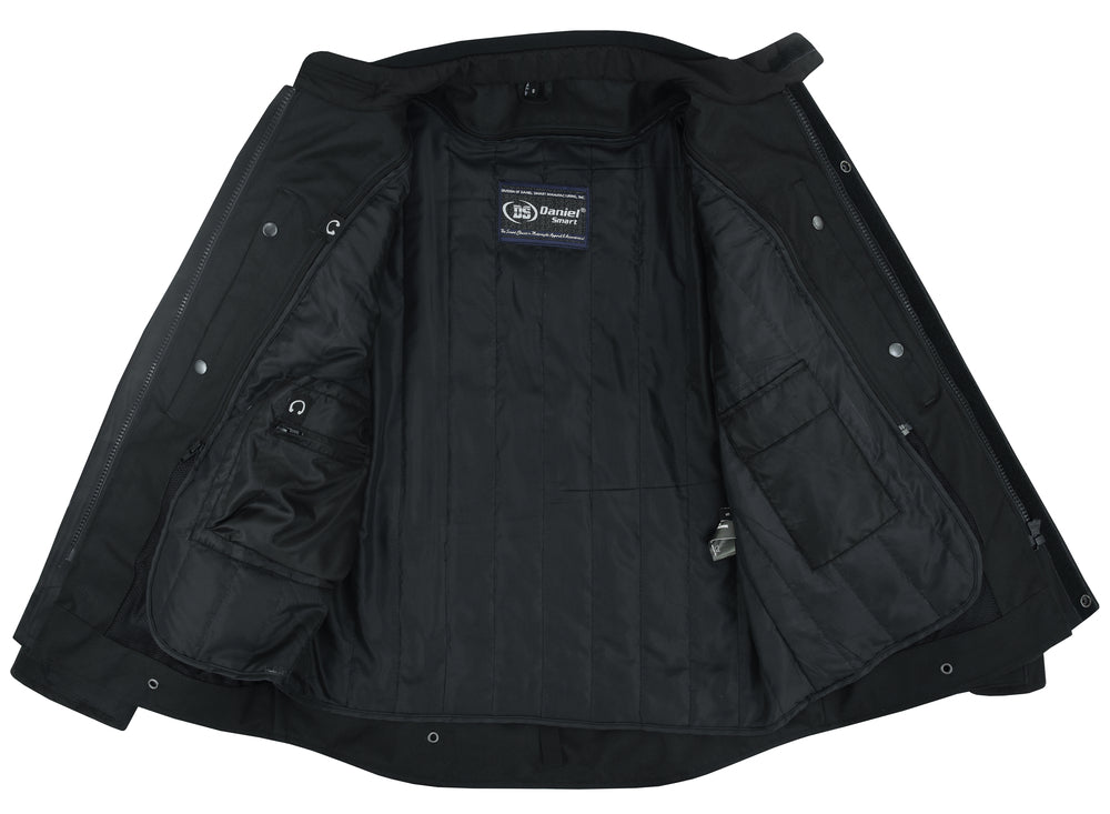 Open Daniel Smart Advance Touring Textile Motorcycle Jacket for Men - Black laid flat, displaying interior with visible brand label.