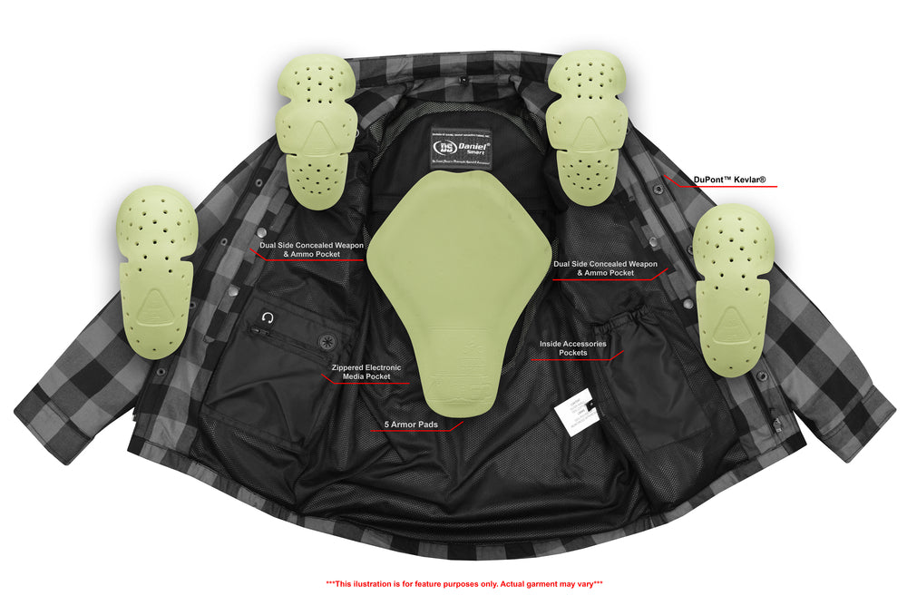 A Daniel Smart Armored Flannel Shirt - Gray displayed flat with labeled internal components, including Kevlar reinforced armor plates and weapon concealment pockets.