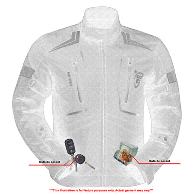 Illustration of a Daniel Smart Flight Wings - Black Textile Motorcycle Jacket for Men with labeled outside pockets, a car key, and a small pile of coins and bills placed beside it. Text notes actual garment may vary.