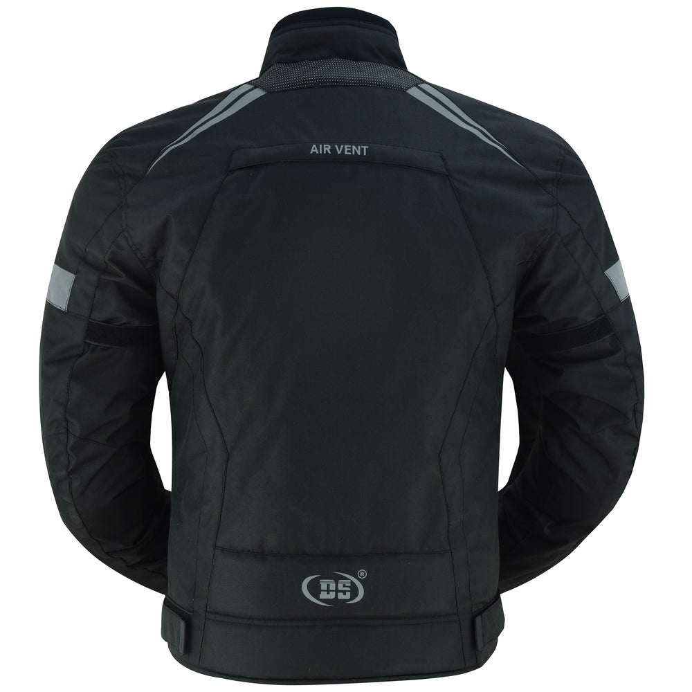 Back view of a Daniel Smart Flight Wings - Black Textile Motorcycle Jacket for Men with reflective stripes on the shoulders and arms, labeled "air vent" across the upper back.