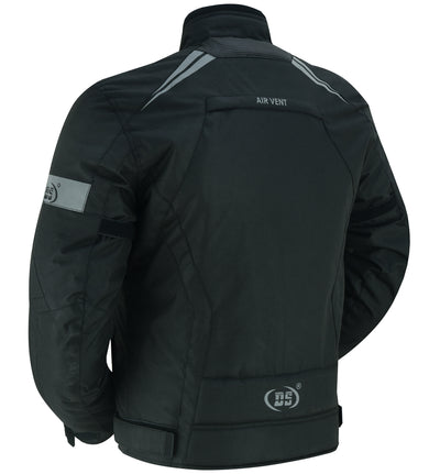 Rear view of a Daniel Smart Flight Wings - Black Textile Motorcycle Jacket for Men with reflective stripes and "air vent" text on the back, featuring multiple logos and zippers.