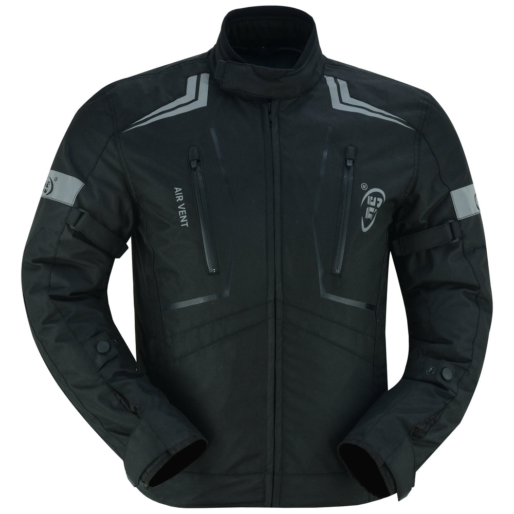 Daniel Smart Flight Wings - Black Textile Motorcycle Jacket for Men with multiple zippers and reinforced elbow patches displayed on a plain background.
