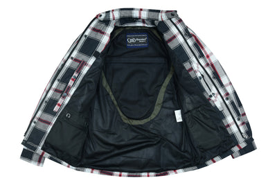 The Daniel Smart Armored Flannel Shirt - Black, White & Red features a concealed gun pocket and waterproof hardware.