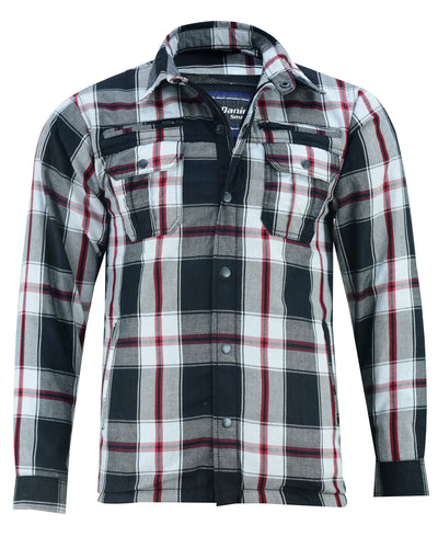 A men's Daniel Smart Armored Flannel Shirt - Black, White & Red with concealed gun pocket.