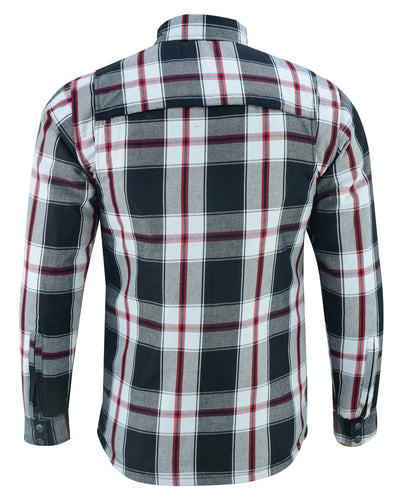 The Daniel Smart Armored Flannel Shirt - Black, White & Red features a concealed gun pocket at the back.