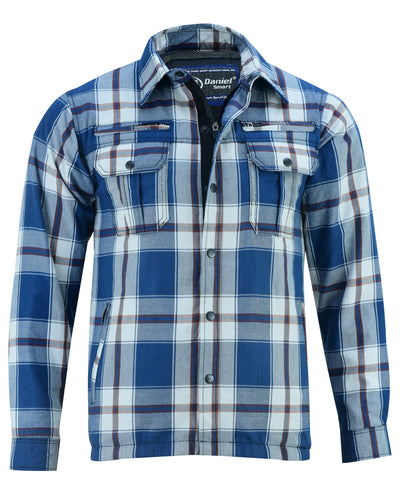 A durable Daniel Smart Armored Flannel Shirt - Blue, White & Maroon made of kevlar reinforced cotton flannel.