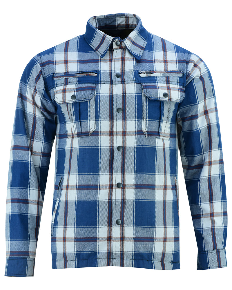 The Daniel Smart Armored Flannel Shirt - Blue, White & Maroon is made of durable cotton flannel with kevlar reinforcement for added strength.