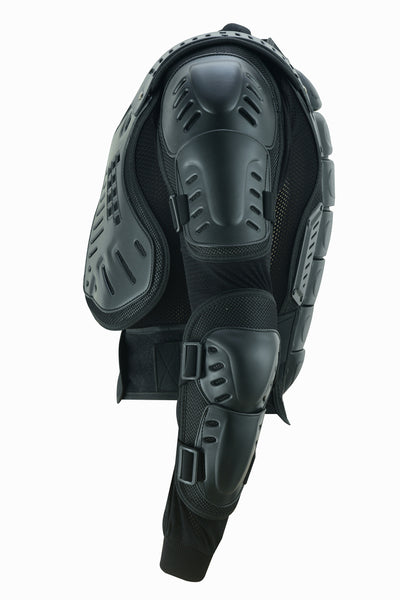 A set of Daniel Smart Full Protection Body Armor - Black including a helmet, knee, elbow, and shoulder pads, displayed vertically against a white background.