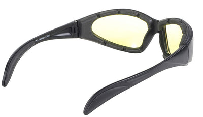 A pair of Daniel Smart Chopper black frame sunglasses with yellow tinted lenses and an aerodynamic design, featuring UV protection, isolated on a white background.