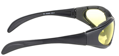 A pair of Daniel Smart Chopper Blk Frm/Yellow Lens with UV protection, yellow tinted lenses, and the text "pcs taiwan 43512" printed on the inside of the frame.