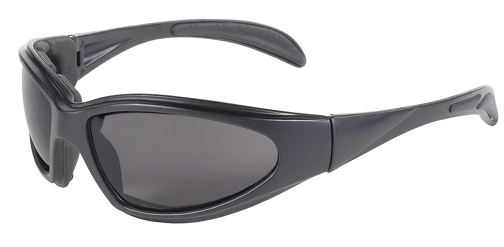 Daniel Smart Chopper Blk Frm/Smoke Lens wrap-around sunglasses with UV protection and a streamlined design, featuring tinted lenses, isolated on a white background.