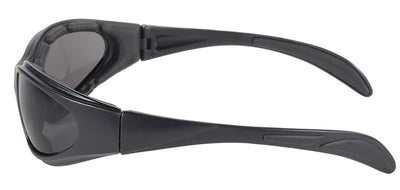 Side view of a Daniel Smart Chopper Blk Frm/Smoke Lens with wrap-around frame and UV protection tinted lens.
