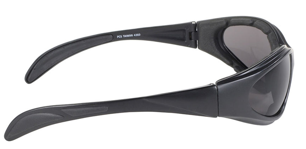 A pair of Daniel Smart Chopper Black Frame/Smoke Lens wraparound sunglasses with UV protection and tinted lenses, isolated on a white background.