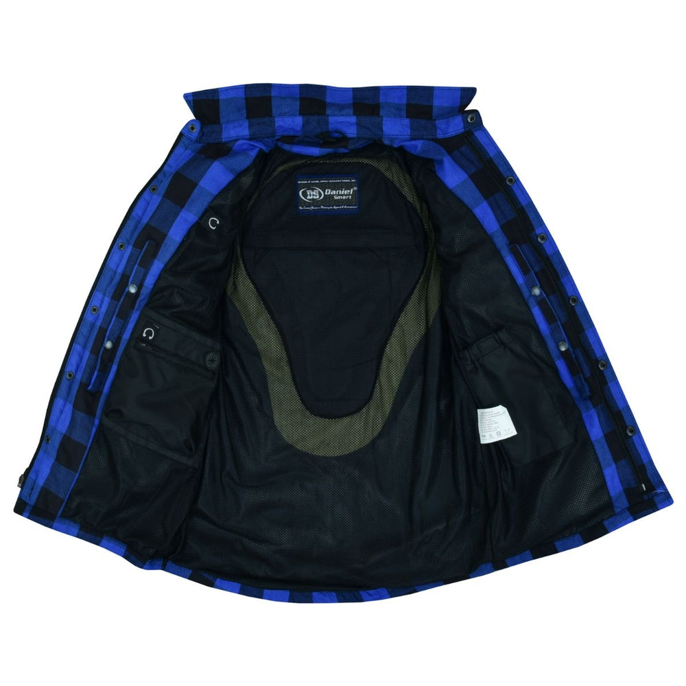 A Daniel Smart Armored Flannel Shirt - Blue with a zipper, crafted from durable cotton flannel.