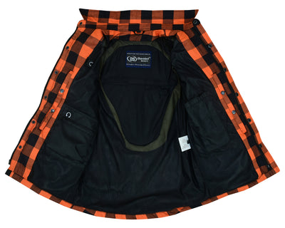 A black and orange Daniel Smart Armored Flannel Shirt with a zipper and pockets.