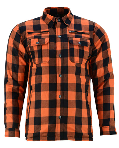 A men's Daniel Smart Armored Flannel Shirt - Orange with pockets.