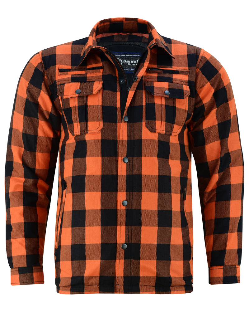 A men's Daniel Smart Armored Flannel Shirt - Orange with pockets.