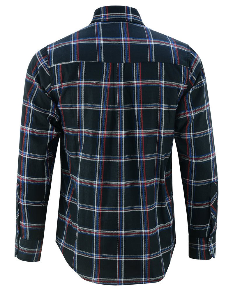 The back view of a men's Daniel Smart Flannel Shirt - Black, Red and Blue featuring a button-up closure.