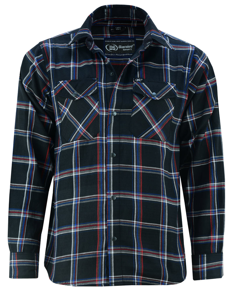 The Daniel Smart Flannel Shirt - Black, Red and Blue features a button-up closure.