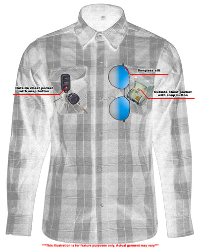 A Daniel Smart Flannel Shirt - Red and Black highlighting features such as outside chest pockets with a button-down flap and a sunglass slit.