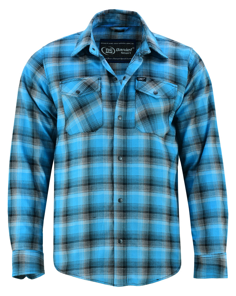 The Daniel Smart Flannel Shirt - Blue and Black Shaded with a button-up closure.