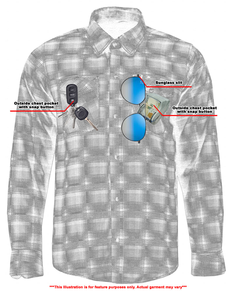 A labeled diagram of a Daniel Smart Flannel Shirt - Blue and Black Shaded highlighting the outside chest pockets with snap buttons, one with a cell phone and the other with sunglasses.