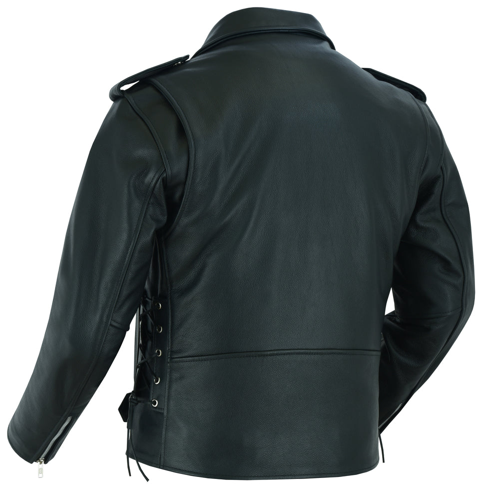 Back view of a Daniel Smart Economy Motorcycle Classic Biker Leather Jacket - Side Laces with concealed carry feature.