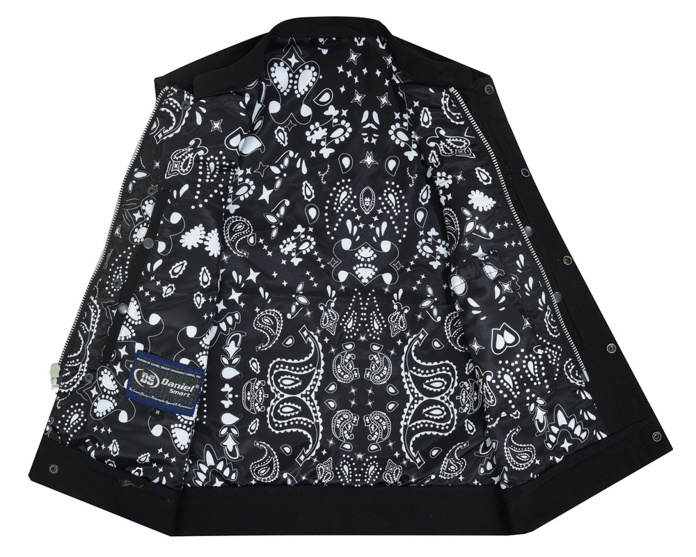 Open Daniel Smart Men's Modern Utility Style Canvas Vest revealing a black and white paisley-patterned lining with various shapes and motifs, featuring concealed gun pockets for added convenience.