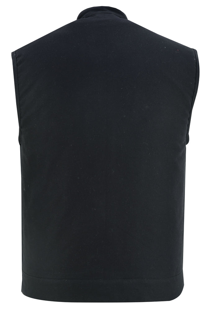 Back view of a sleeveless black vest with a round neckline, plain design, and concealed gun pockets, Daniel Smart Men's Modern Utility Style Canvas Vest.