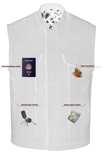 Daniel Smart Men's Modern Utility Style Canvas Vest with labeled pockets and canvas material. Top left pocket holds a passport. Top right pocket holds snacks. Bottom left zipper pocket holds keys. Bottom right zipper pocket holds cash. Reinforced shoulder support ensures durability and comfort throughout your journey.