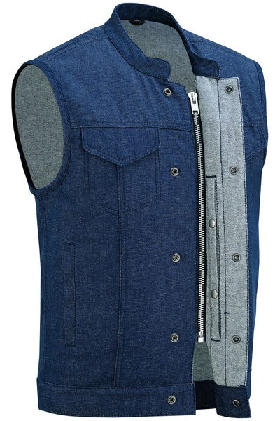 Daniel Smart Men's Blue Rough Rub-Off Raw Finish Denim Vest and gray hoodie vest with zipper and button details, displayed on a white background.