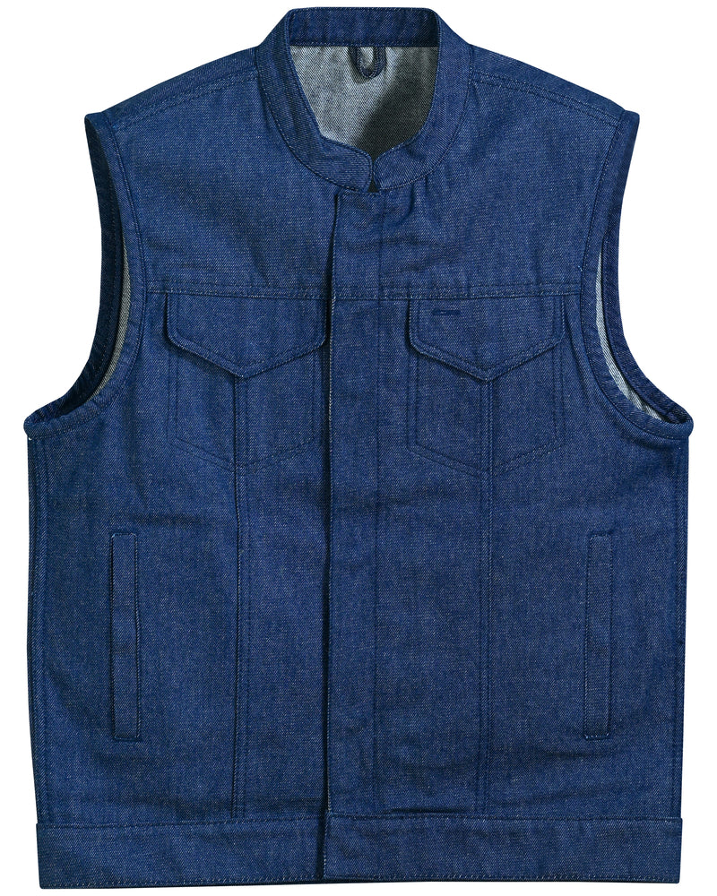 Daniel Smart men's blue rough rub-off raw finish denim vest featuring a collarless design, front button placket, reinforced shoulder support, and four pockets, displayed against a plain background.